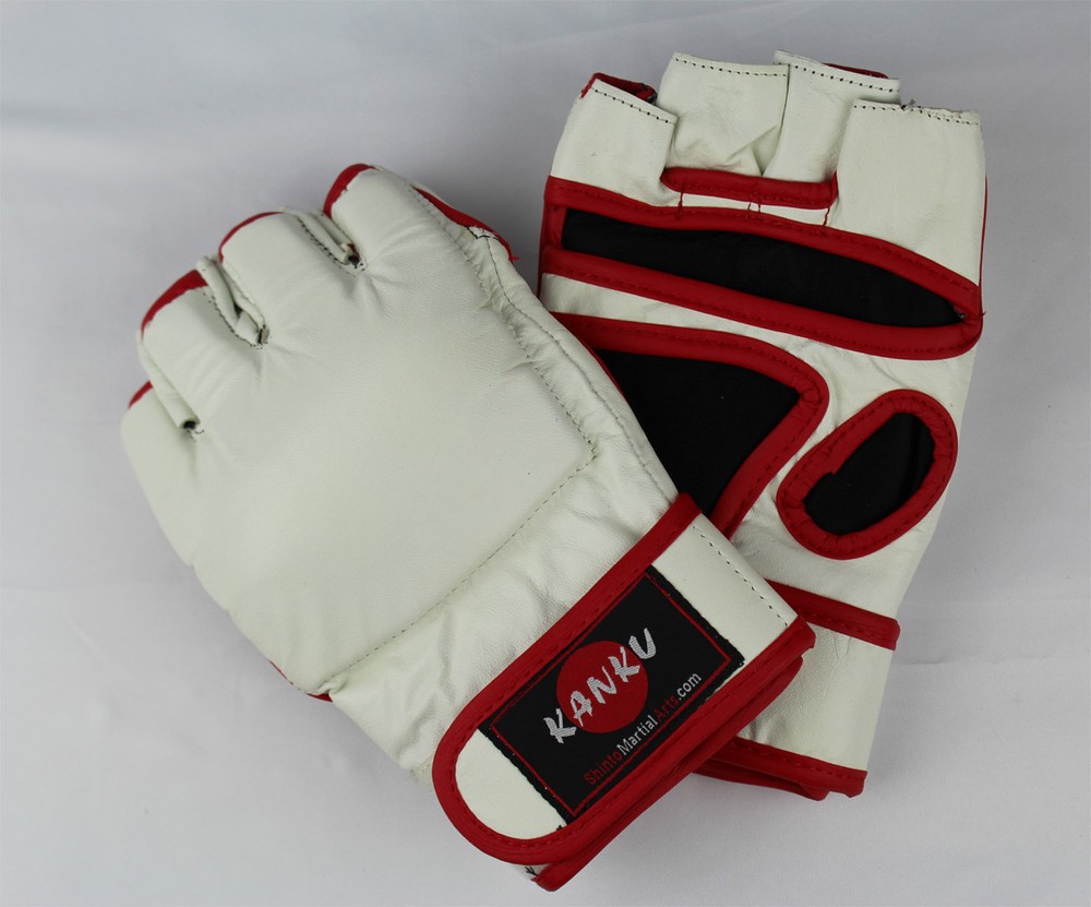 KANKU WHITE LEATHER GRAPPLING MMA GLOVES-BAG TRAINING SPARRING