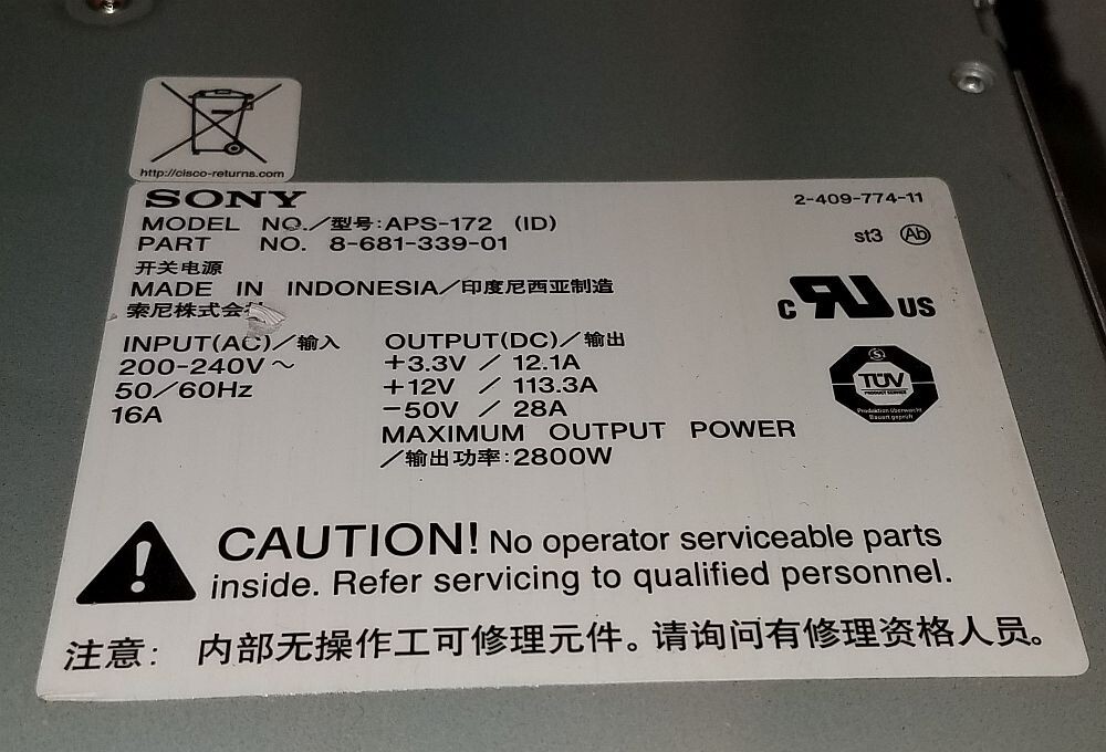 Cisco Sony APS-172 2800W Power Supply Module Used