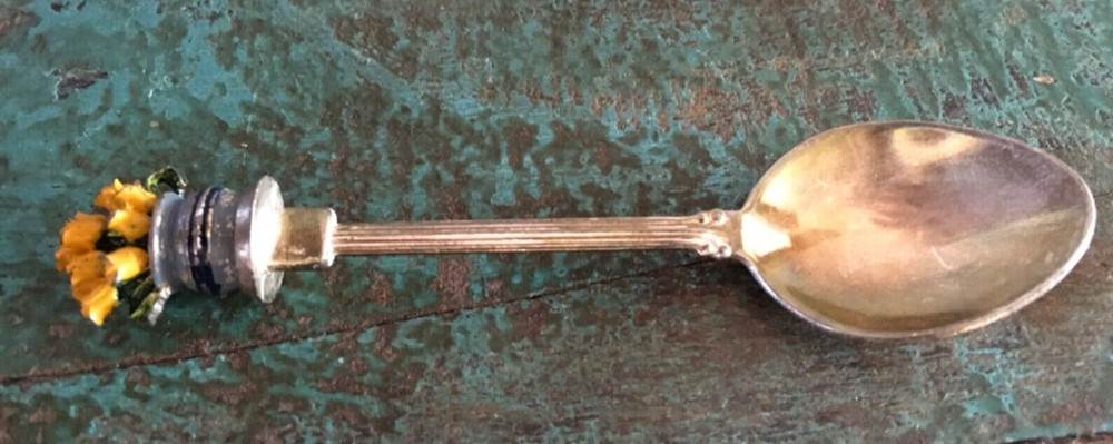 Yellow enamel tulips in blue bowl souvenir collector 4” Silver Plated Spoon