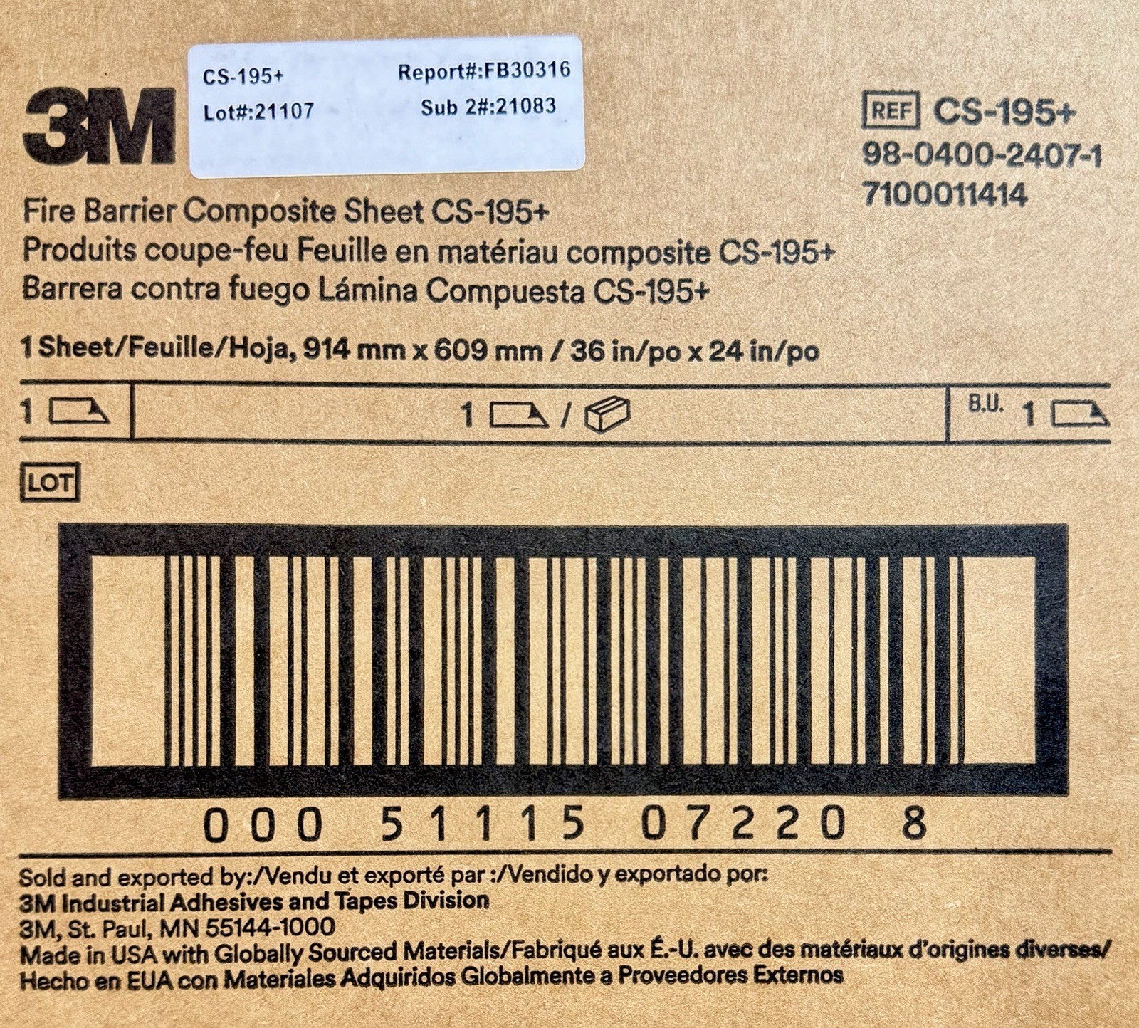 NEW 3M CS-195+ Fire Barrier Composite Sheet 36” X 24” #7100011414 - SHIPS FREE!!