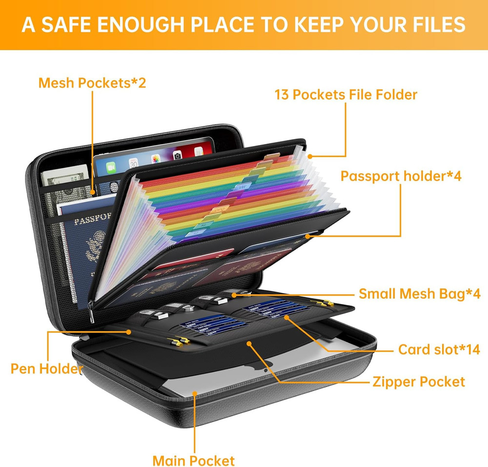 Fireproof File Organizer with Lock, Hard-Shell Case Fireproof Document Box wi...