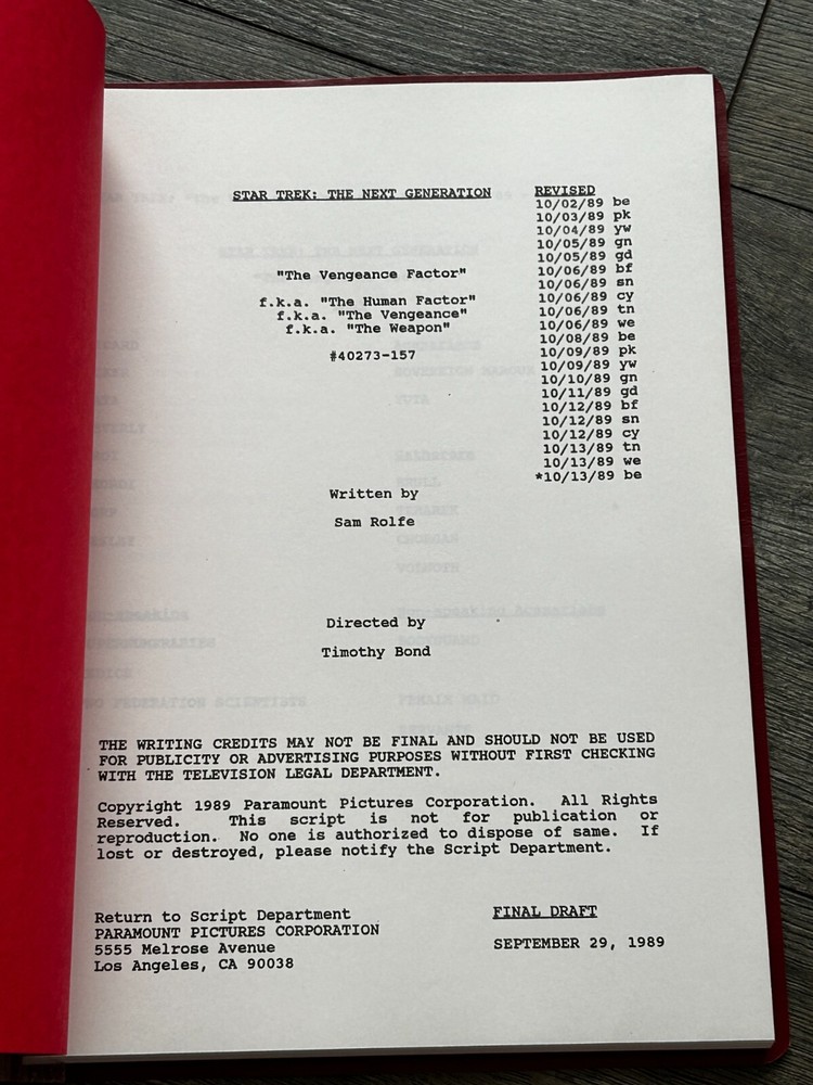 STAR TREK Script The Next Generation The Vengeance Factor Final Draft Sept 1989