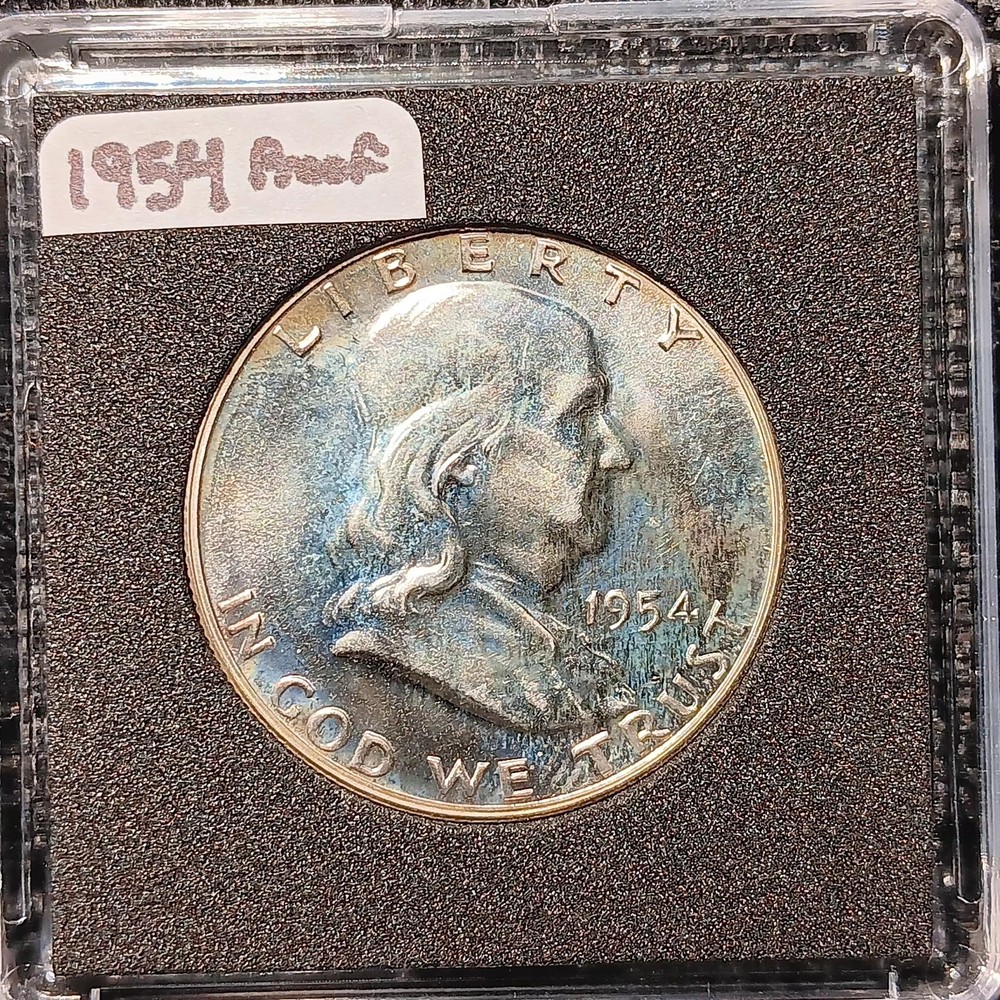 1954 Franklin Half Dollar Proof. BEAUTIFUL RAINBOW TONING.