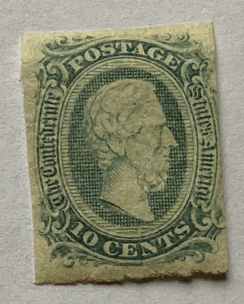 1863-64 CSA, 10 Cent Confederate Stamp, Jefferson, Imperforate, Blue