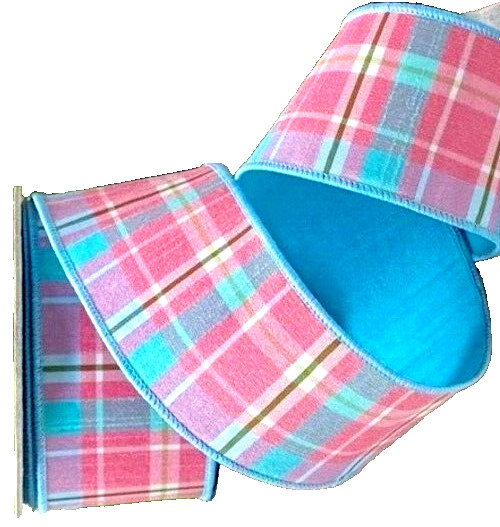 Pink Blue Plaid 2.5" by 2 yds d. Stevens Wired Ribbon Dupion Fused Double-sided