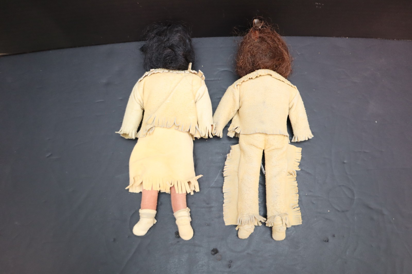 Antique Pair of NATIVE AMERICAN SIOUX Indian Wood Carved Leather Hide Dolls