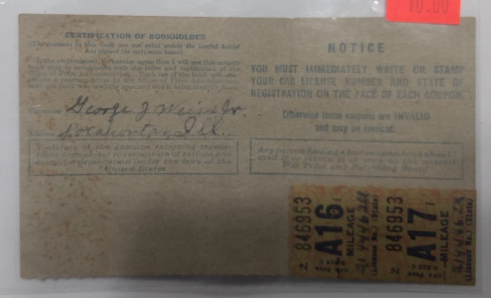 Illinois OPA Basic Mileage Ration Card for 1940 Chevrolet