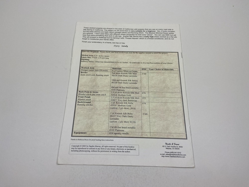 Needle & Frame California Poppy Embroider Needlepoint Pattern