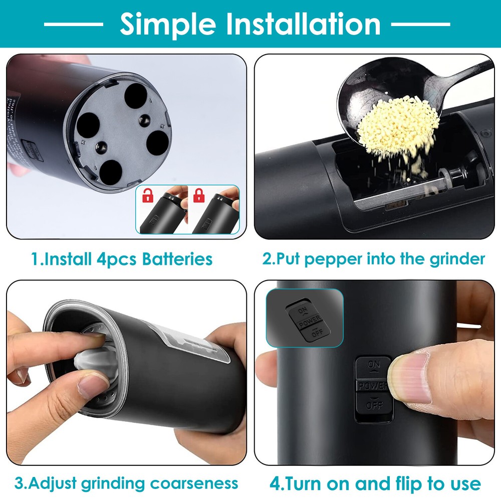 Electric Black Salt & Pepper Grinder LED Light Adjustable USB High-capacity
