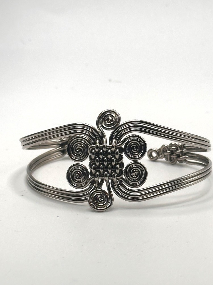 Boho Silver Tone Wire Wrapped Cuff Bracelet Artisan Scroll Modernist Statement