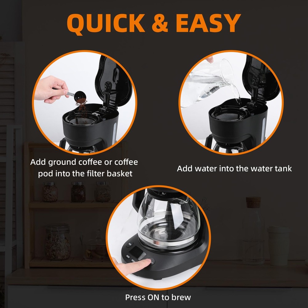 5-Cup Programmable Drip Coffee Maker, a compact coffee machine with a digital...