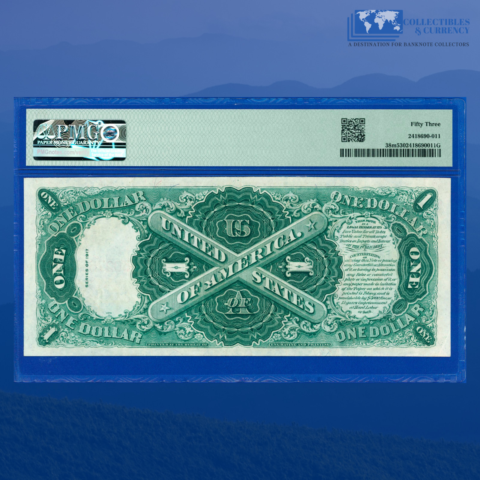 Fr.38m 1917 $1 One Dollar "SAWHORSE REVERSE" Legal Tender Note, PMG 53 #76696