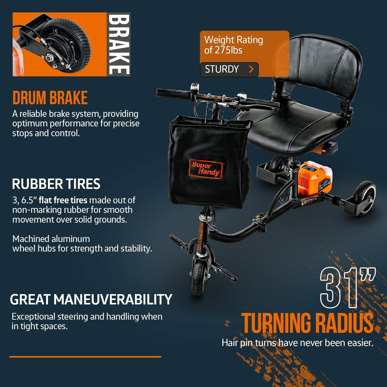 SuperHandy 3 Wheel Folding Electric Powered Long Range Travel Mobility Scooter