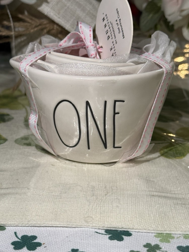 Rae Dunn White Ceramic Measuring Cups W/ Pink Interior- Nesting- 4 Pc Set