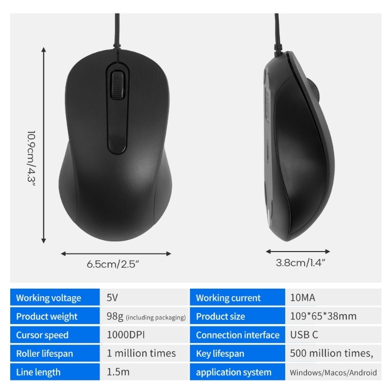 Ergonomic Type C Gaming Mouse USB C Mice 3 Buttons, for Windows Compatibility