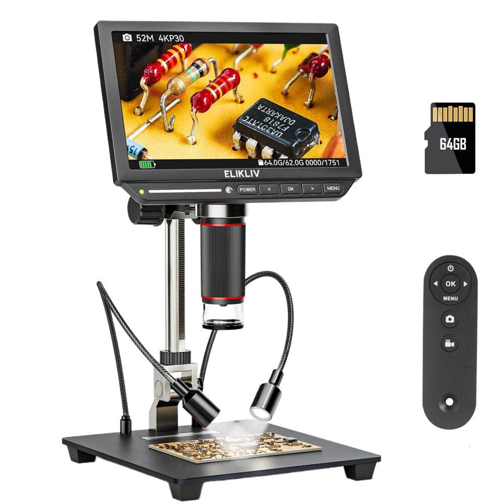 2000X LCD Digital Microscope Elikliv EM4K 4K 52MP Soldering Microscope w/ Stand