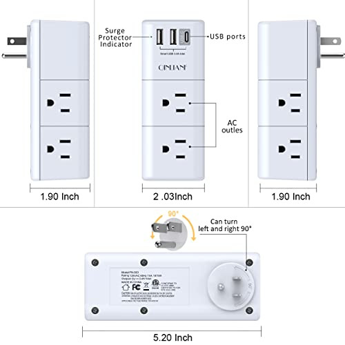 USB Outlet Extender Surge Protector - Multi Plug Outlet with Rotating Plug, 3
