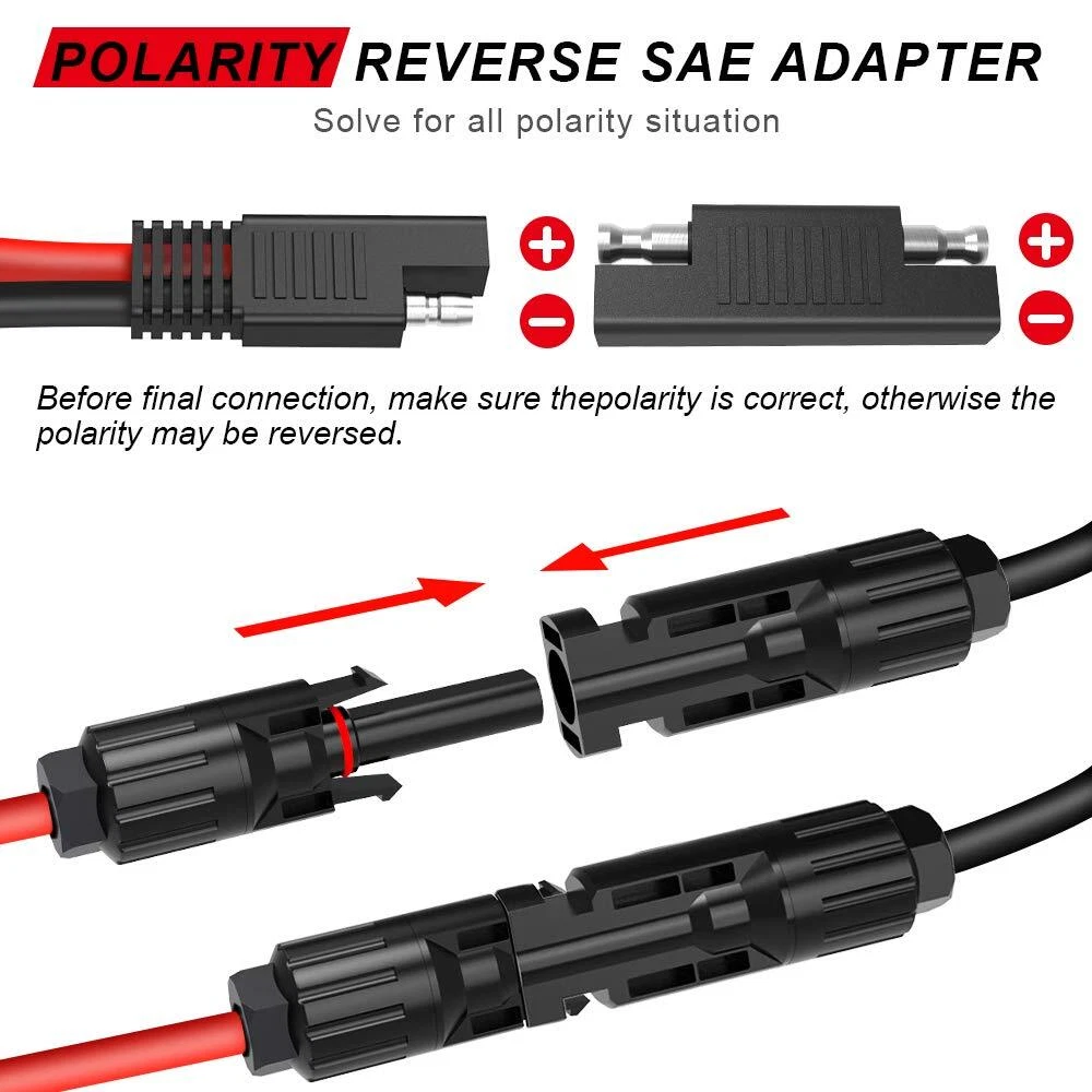 2x Solar Panel Extension Cable 2FT 10AWG, SAE to SAE Polarity Reverse Adapter US