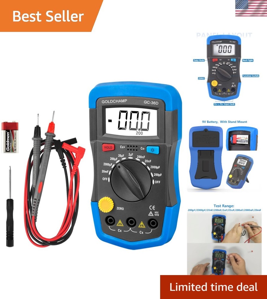 High Precision Capacitor Tester Multimeter 200pF-20mF with LCD Display & Manual