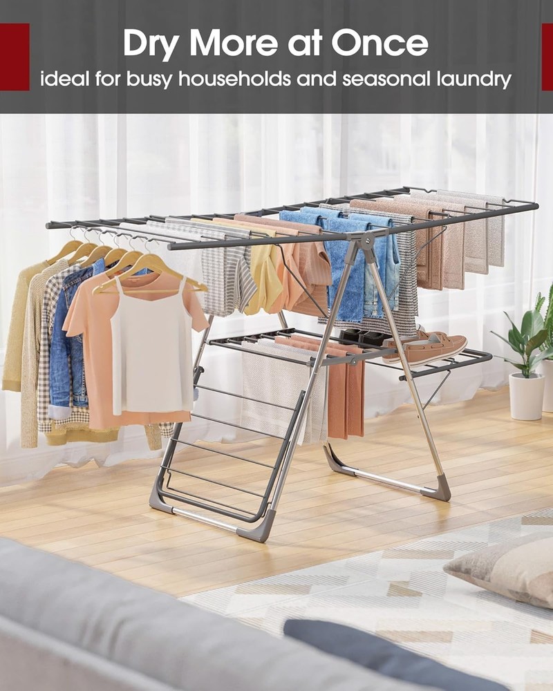 Clothes Drying Rack, Foldable 2-Level Laundry Drying Rack with Height-Adjustable