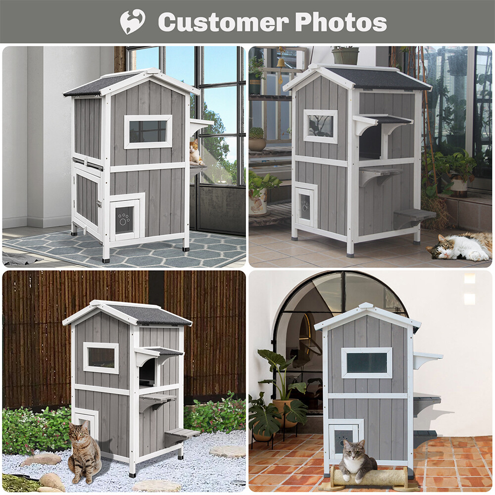 Wooden cat condo outdoor 2-story catio enclosure cat shelter pet house rainproof