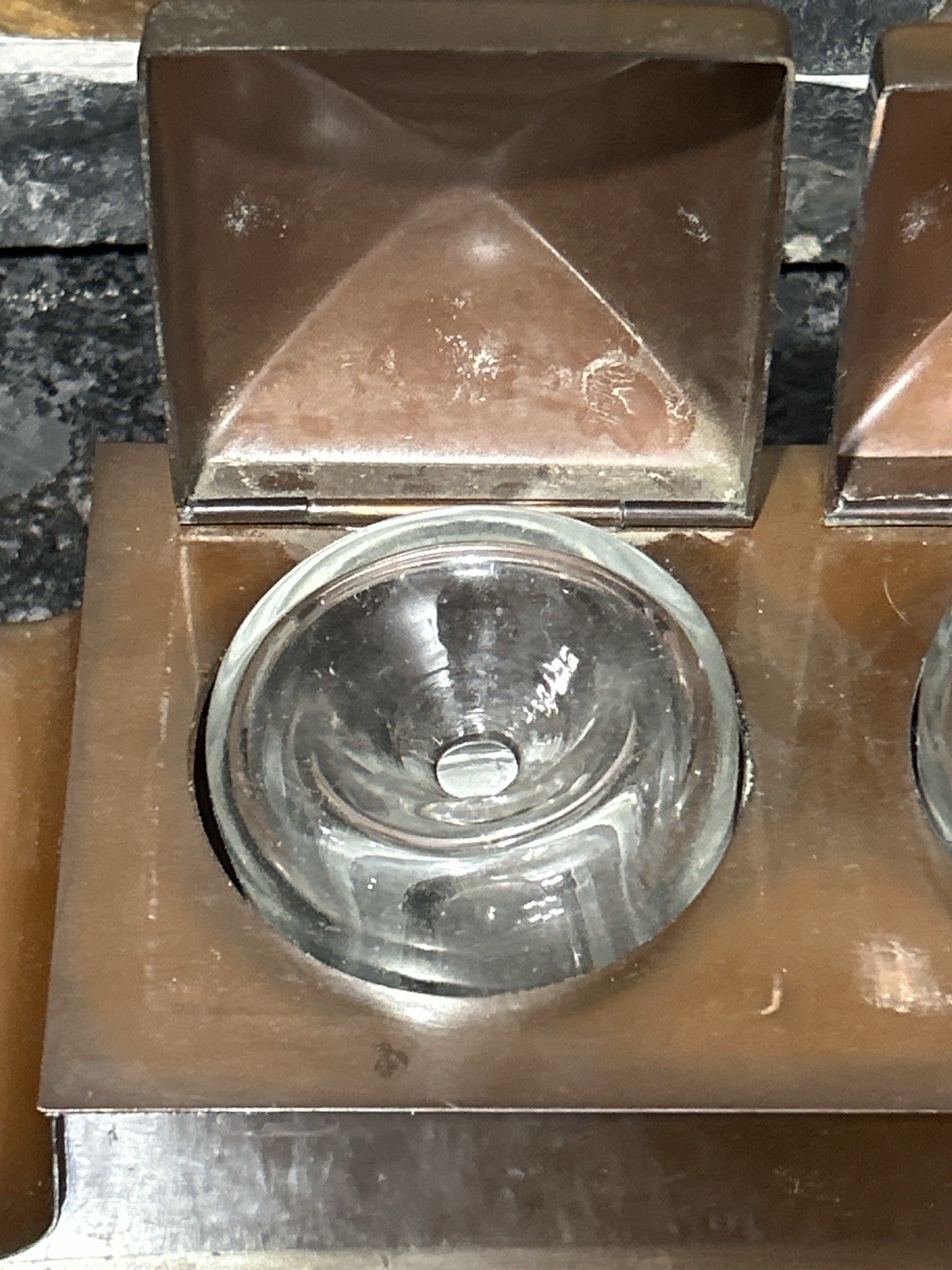 Antique Copper Brass Double Inkwell Desk Set Arts Crafts Glass Inserts