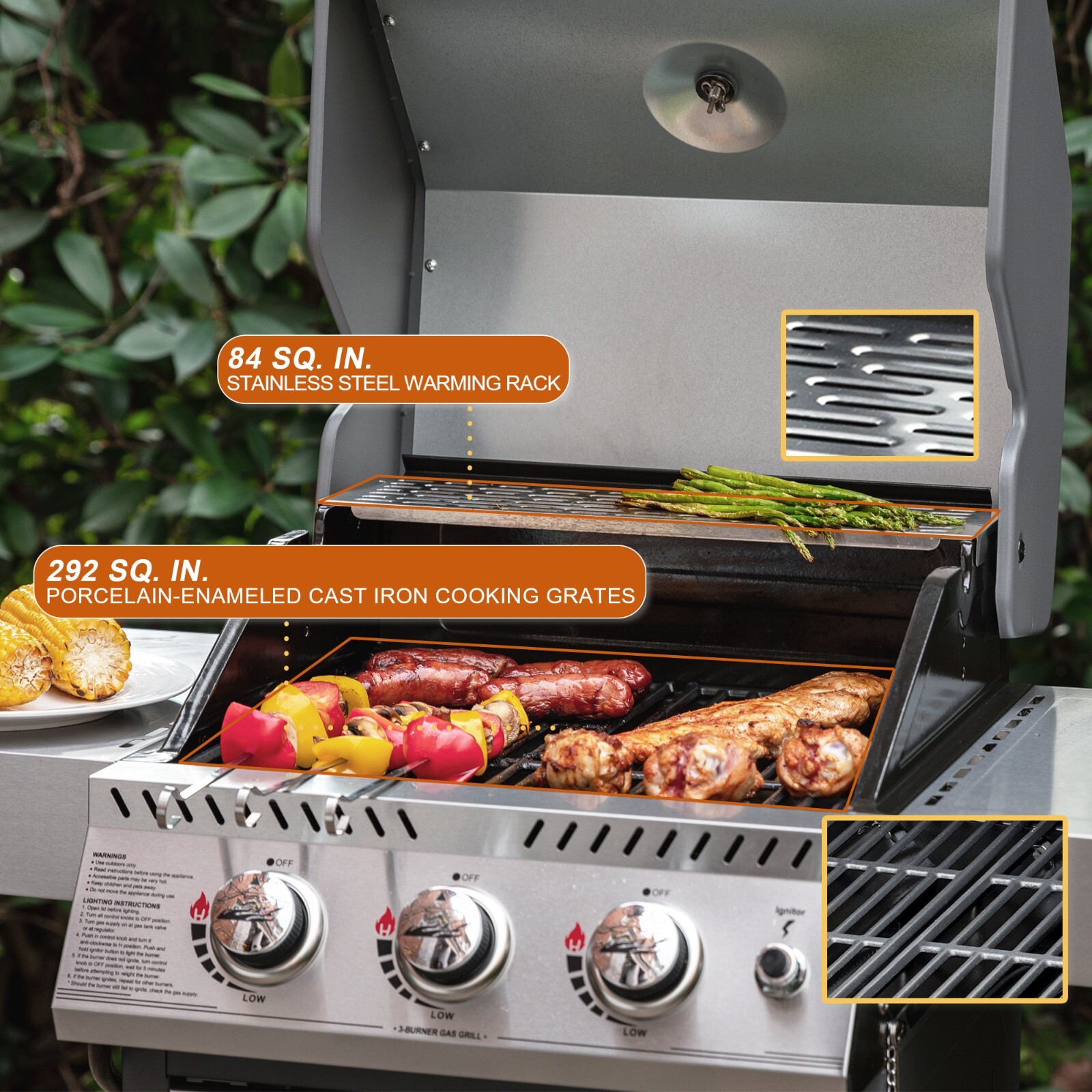 Royal Gourmet 3-Burner Gas Grill Stainless Steel Outdoor Garden BBQ Cooking