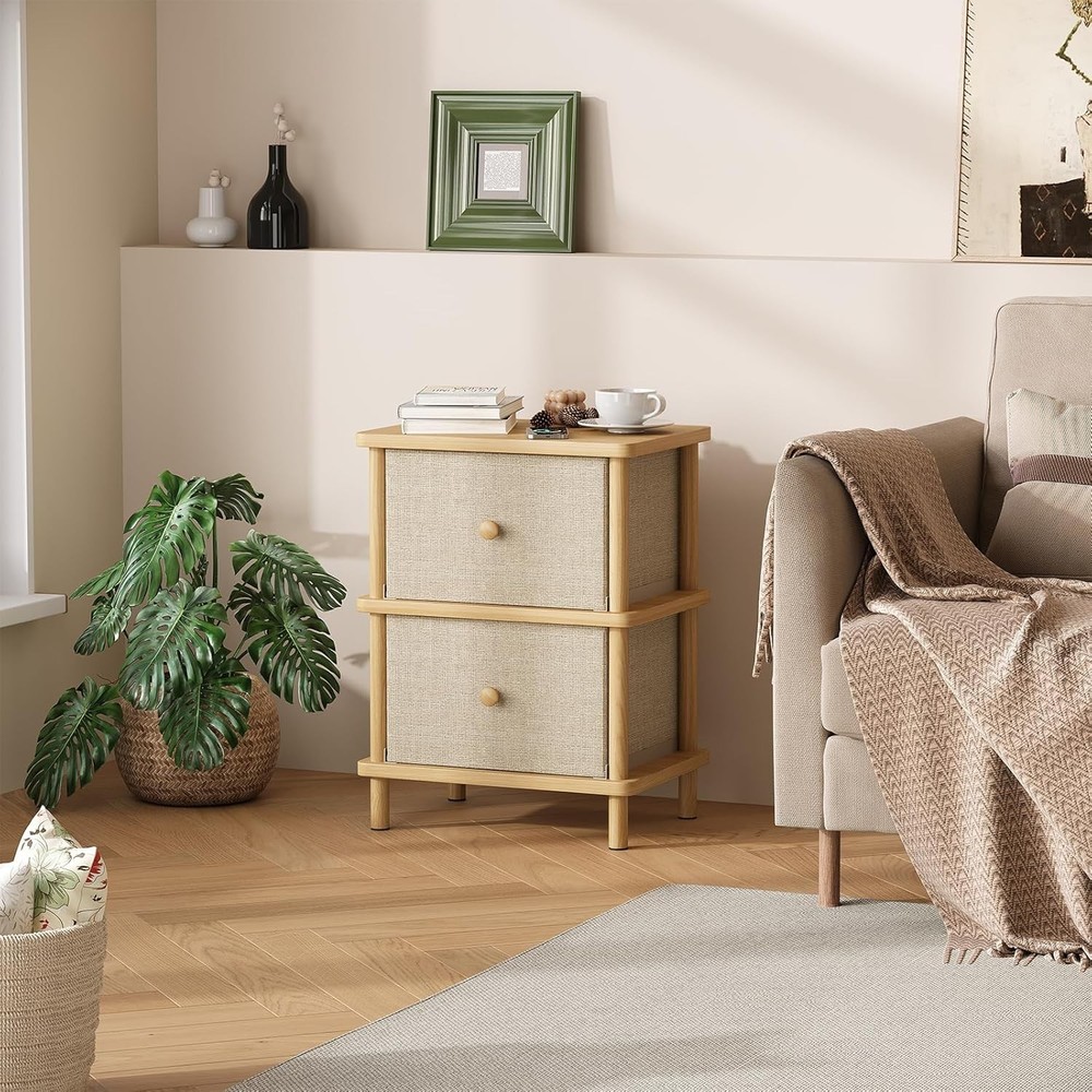 Nightstand W/ 2 Storage Drawers Boho Side Table W/ Solid Wood Legs End Table