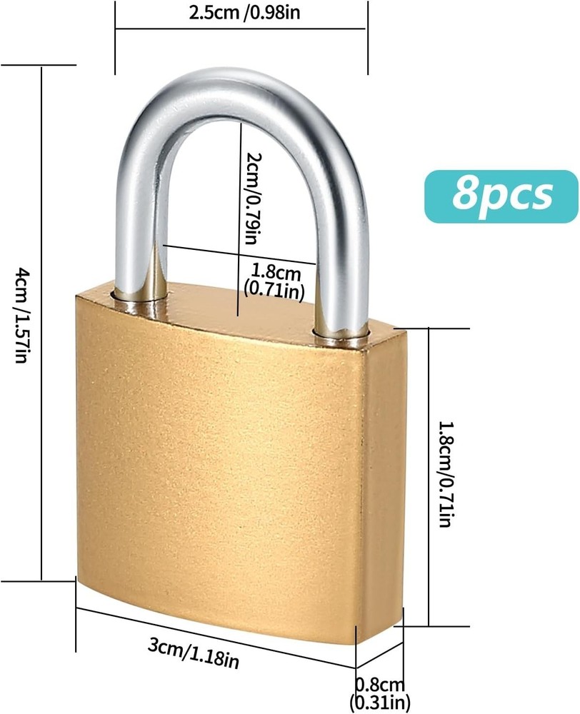 Portable Brass Padlocks - 8 Pack Keyed Locks with Same Keys for Versatile Use