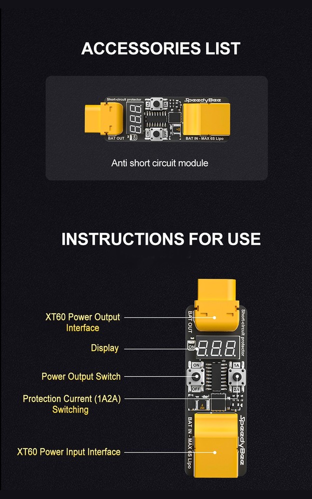SpeedyBee Anti Short Circuit Module 1A/2A Current Limiting For RC Flight Stack