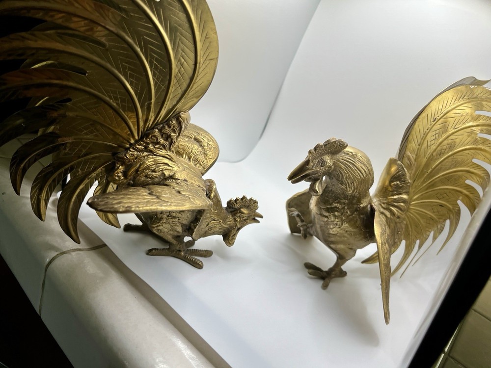 Brass Fighting Roosters Vintage Pair Solid Brass