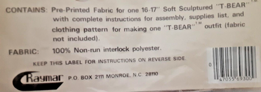 Raymar T-BEAR Fabric Sewing Panel Pattern Stuffed Animal TEDDY BEAR Kit (H)