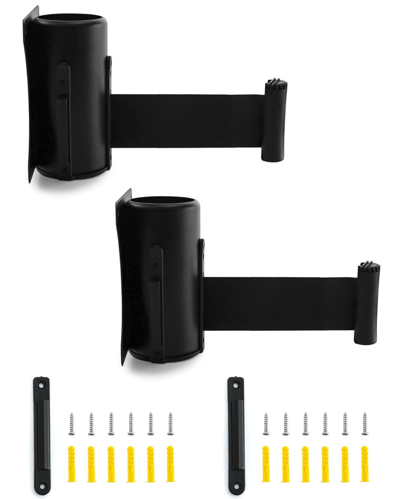 2-Pack Wall-Mounted Retractable Belt Barrier | 10’ Black Crowd Control Queue Set