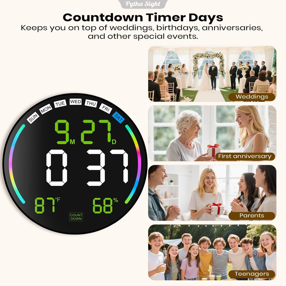 Large Digital Wall Clock with 10.3" LED Display,Alarm,Countdown Timer,DST,Tem...