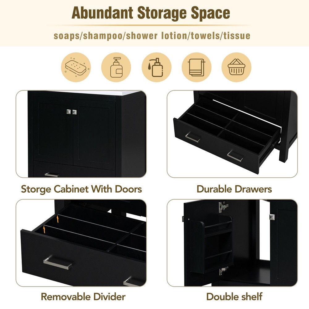 60" Black Bathroom Vanity Set with Double Vanities , Double Ceramic Sinks, Sto