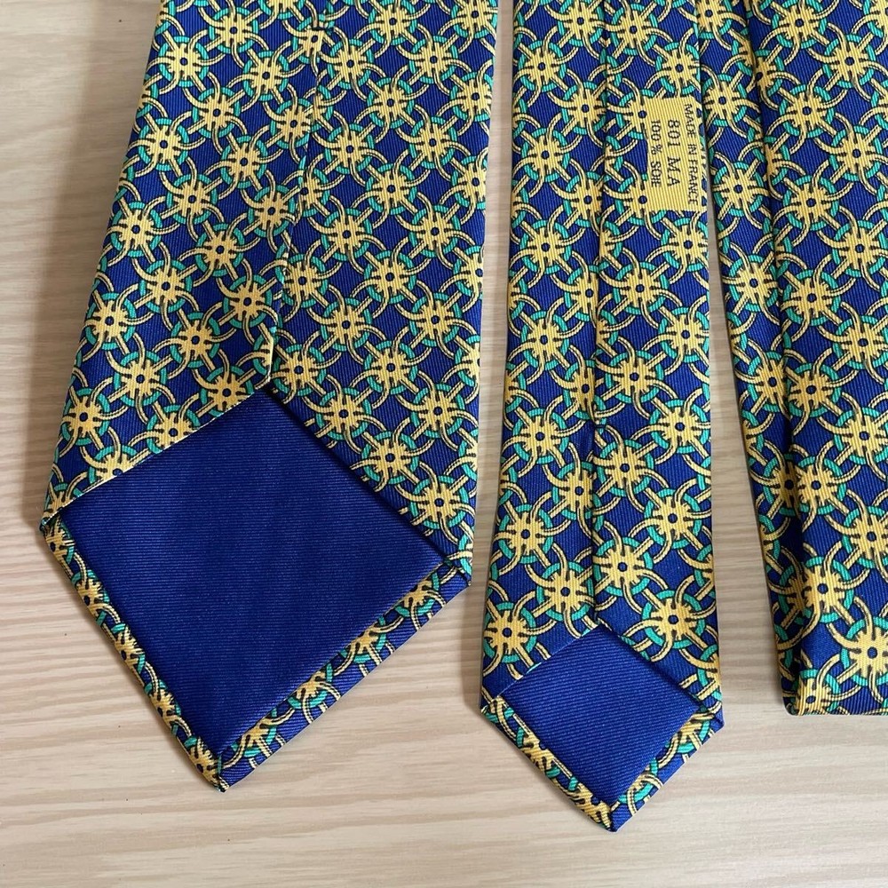 HERMES Blue Gold Green Gear Pattern Tie