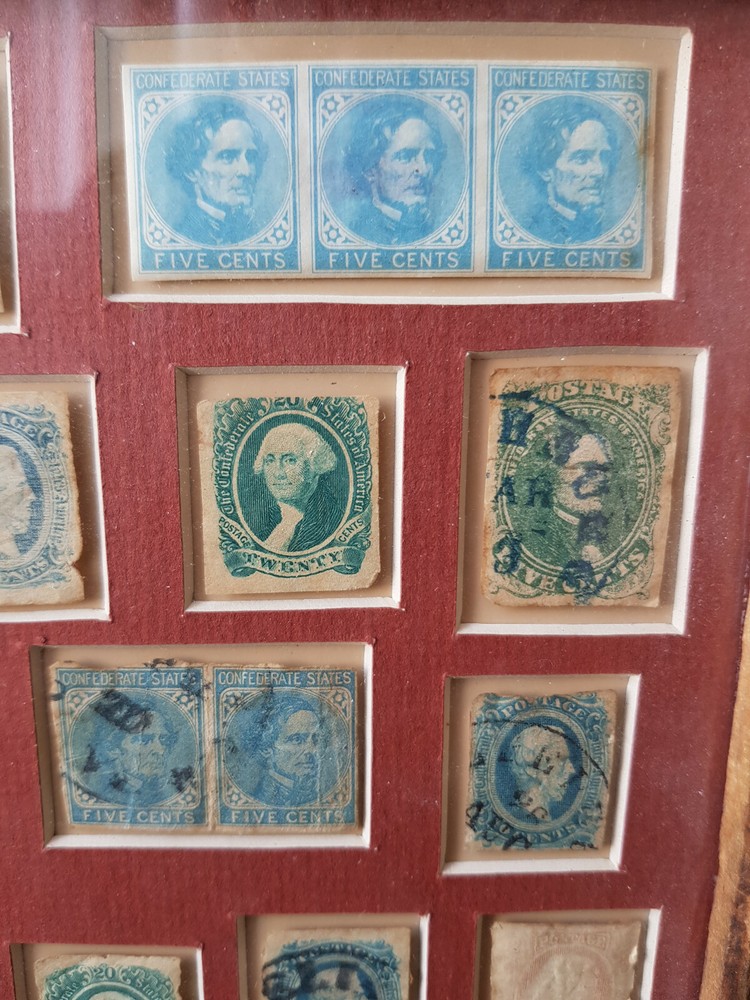 1861/3 Confederate States, war time vintage stamps, framed CAT VALUE £ 2,538.00