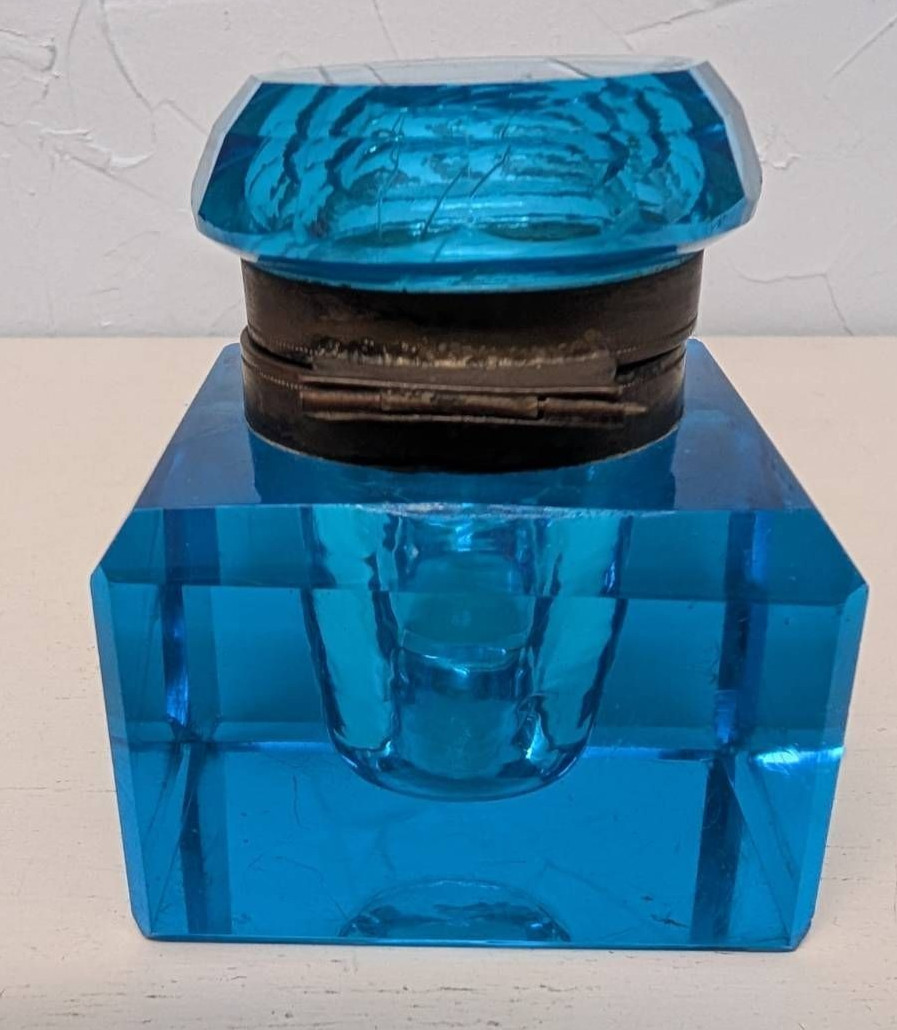 Antique Peacock Blue Glass Ink Well 1880s. Hand cut crystal.