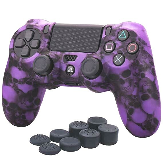 Silicone Grip Purple Skulls + (8) Multi Thumb Caps For PS4 Controller