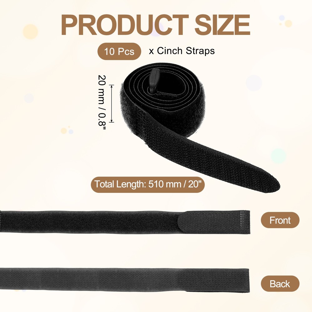10pcs Reusable Cinch Straps 0.8"x20" Hook and Loop Cable Securing Straps, Black