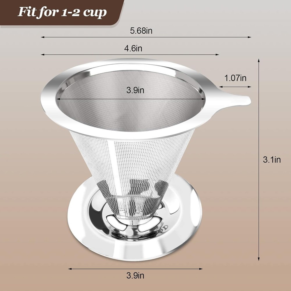 Pour Over Coffee Dripper Stainless Reusable Paperless Double Mesh Cone Filter
