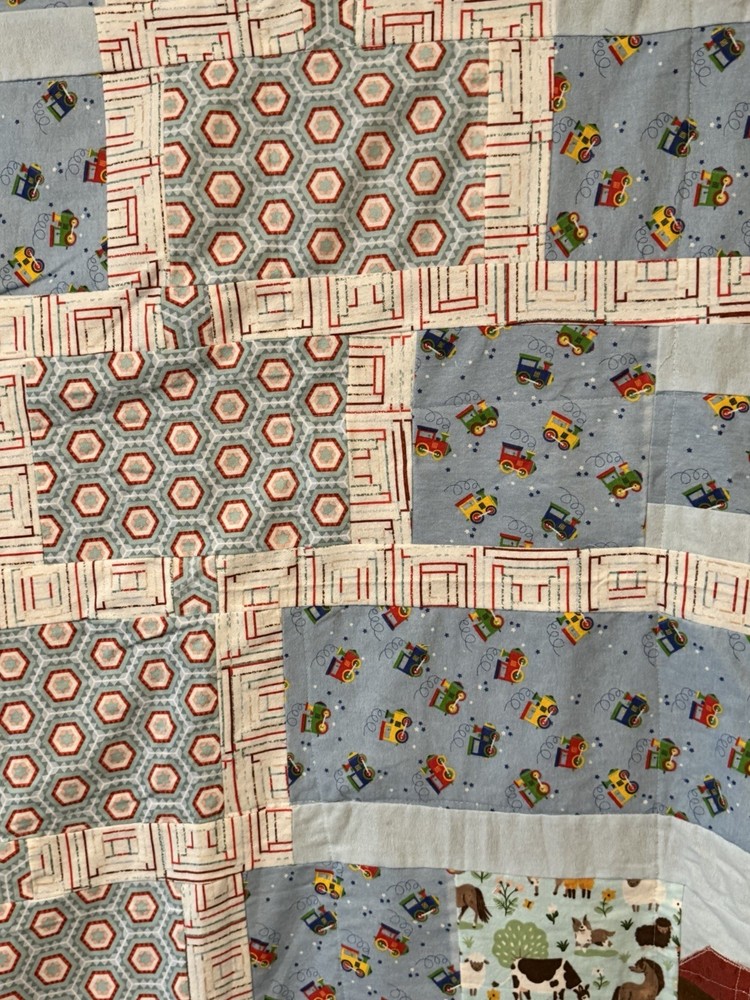 Patchwork Quilt Throw Blanket Handmade Signed Reversible Farmstead 53”x52”