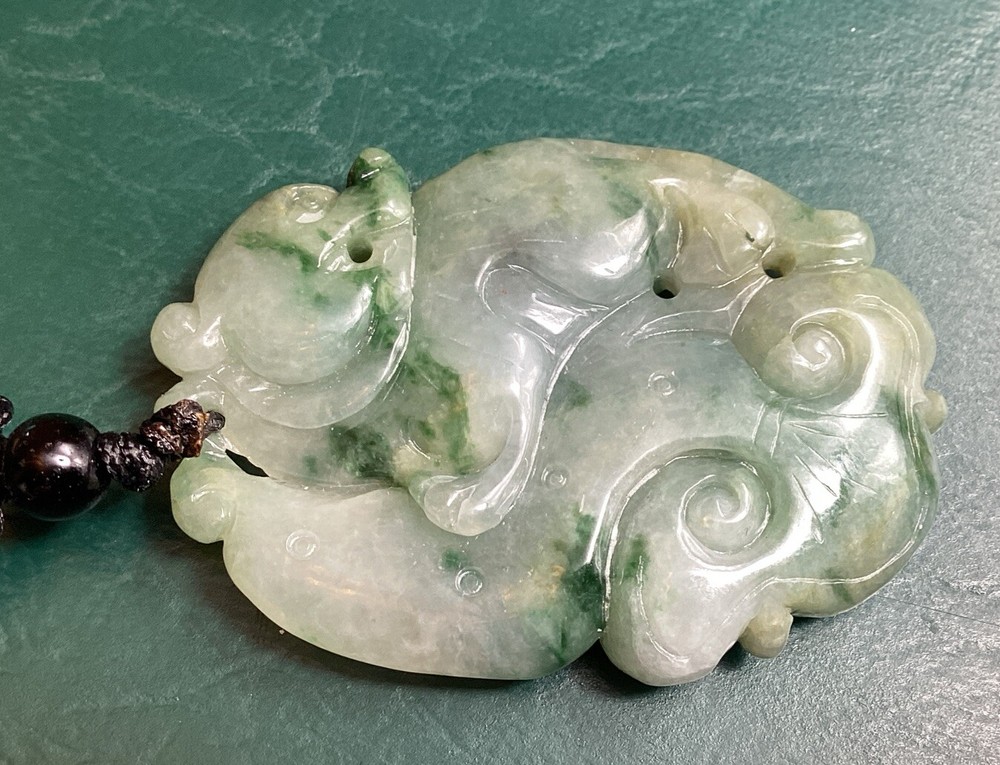 Green 2 Sided Jadeite Bear & Mushroom Translucent Pendant