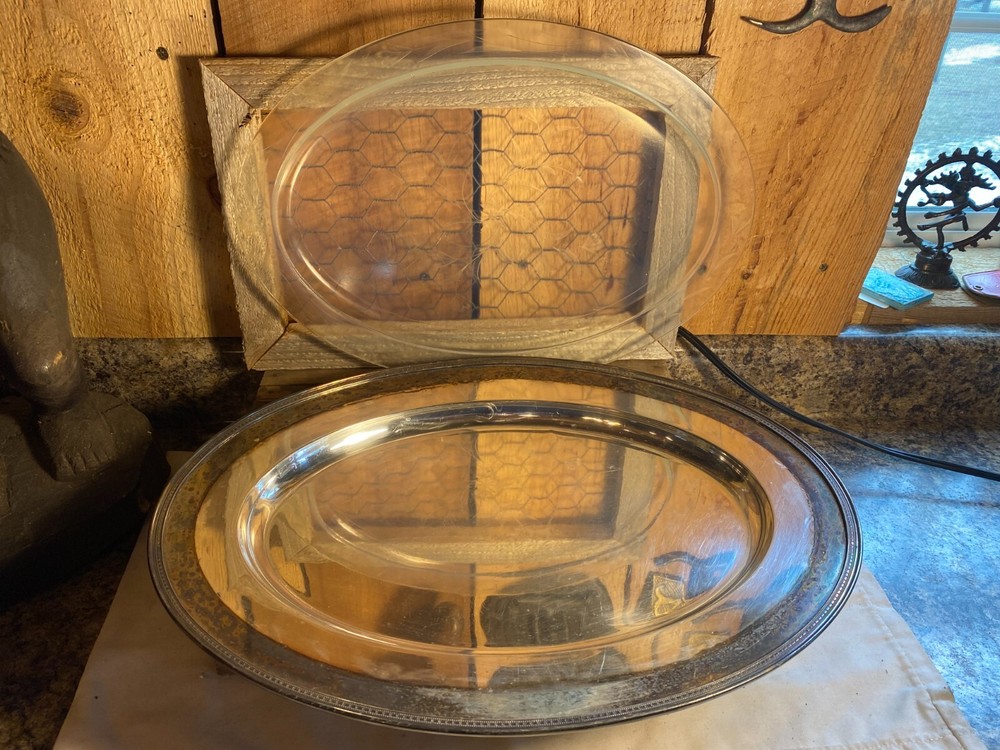 Vintage Oval Silver Plate Serving Tray with Glass Insert