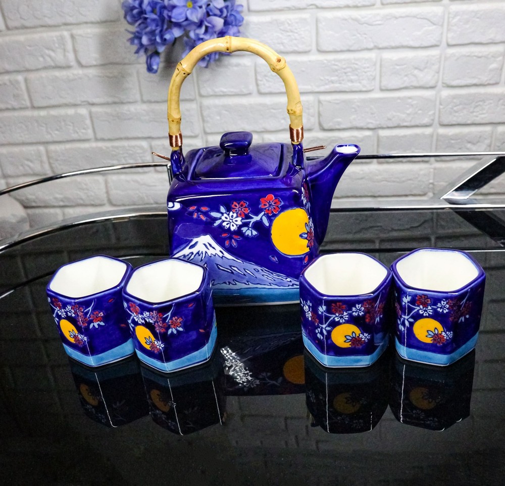 Blue Mount Fuji With Full Moon Ceramic Hexagonal Teapot With 4 Tea Cups Set