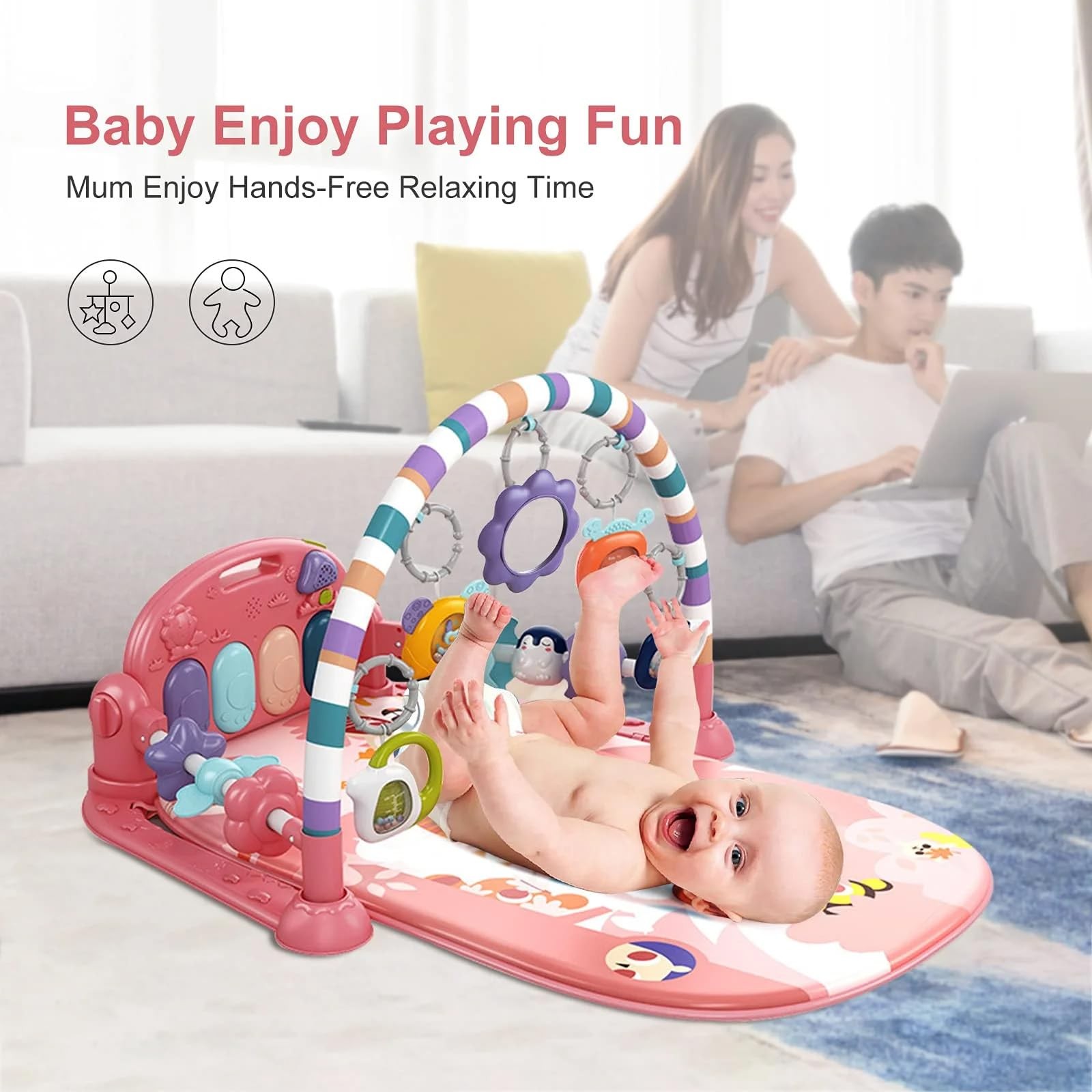 Baby Gym Play Mat, Piano Kick and Play Lights and Music Tummy Time Toys Infan...