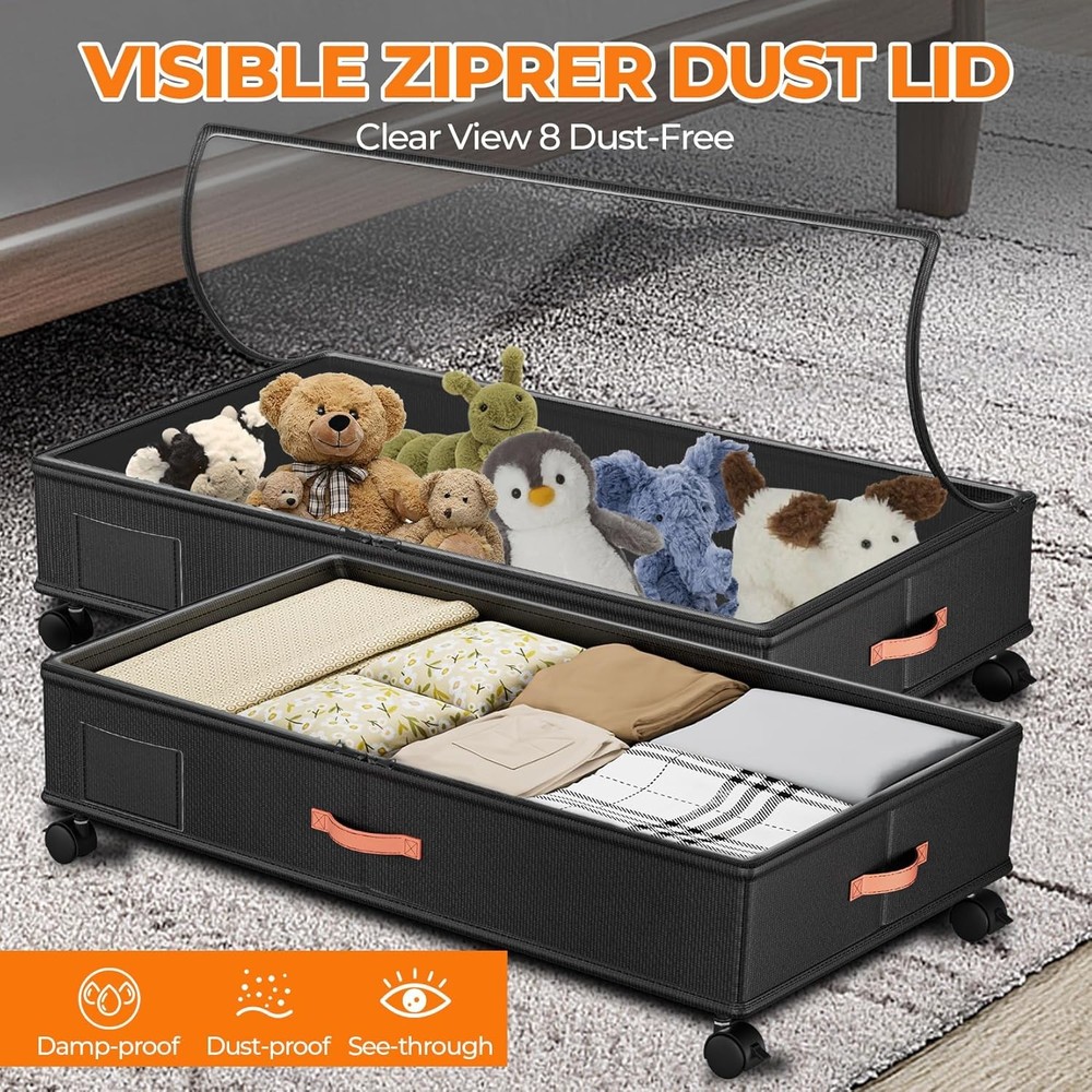 NEW.2-Piece Clear Lid Under-Bed Storage Box Set, Black