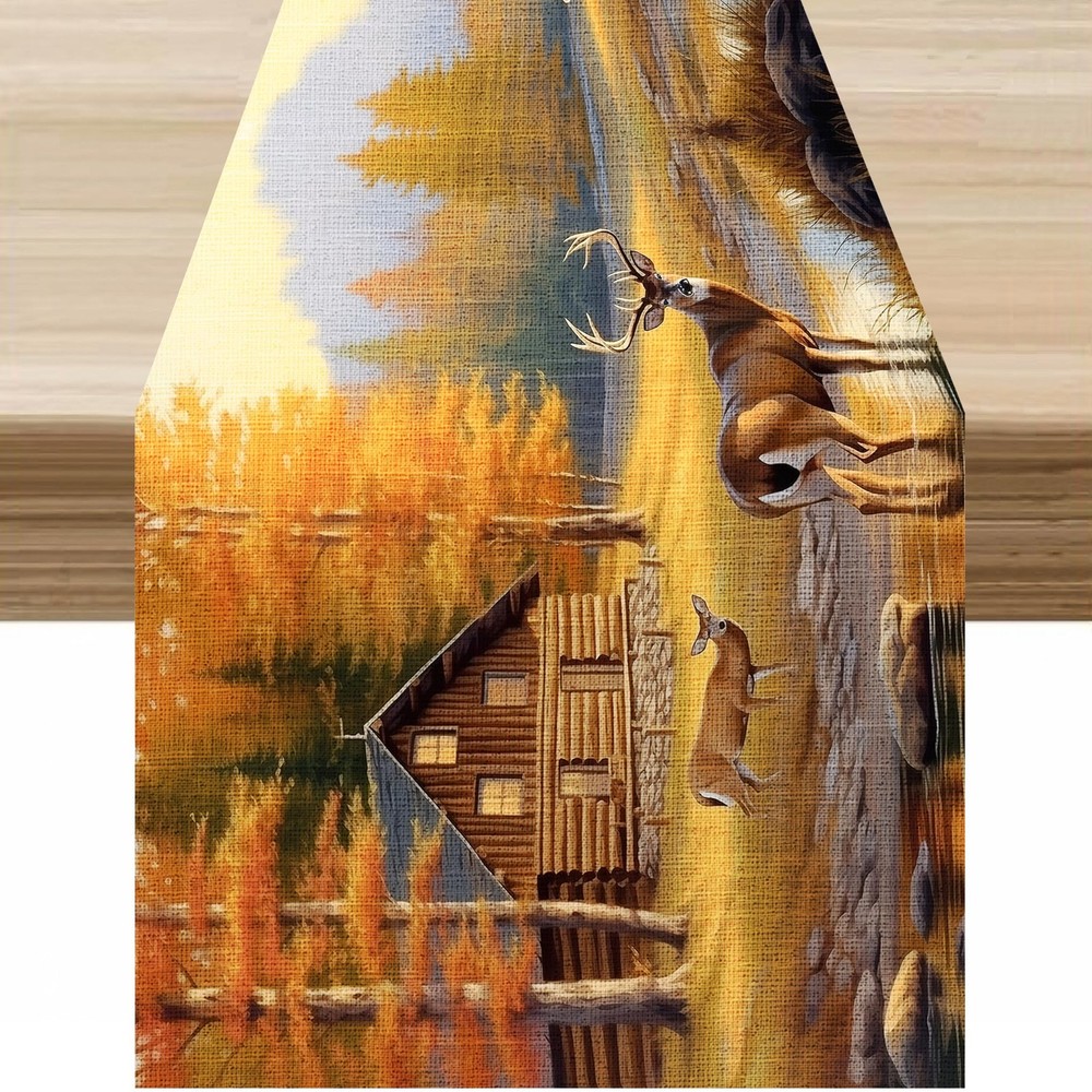Vintage Deer Table Runner, Rustic Cabin Forest W13X L36, Style-6