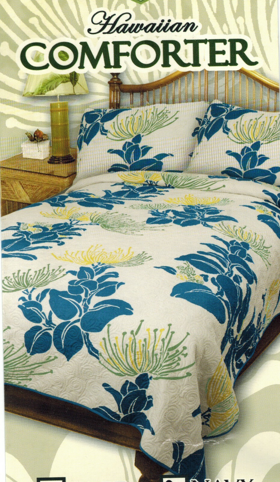 Queen Hawaiian Quilted Quilt Bedding Comforter & 2 Pillow Sham Lehua flower navy