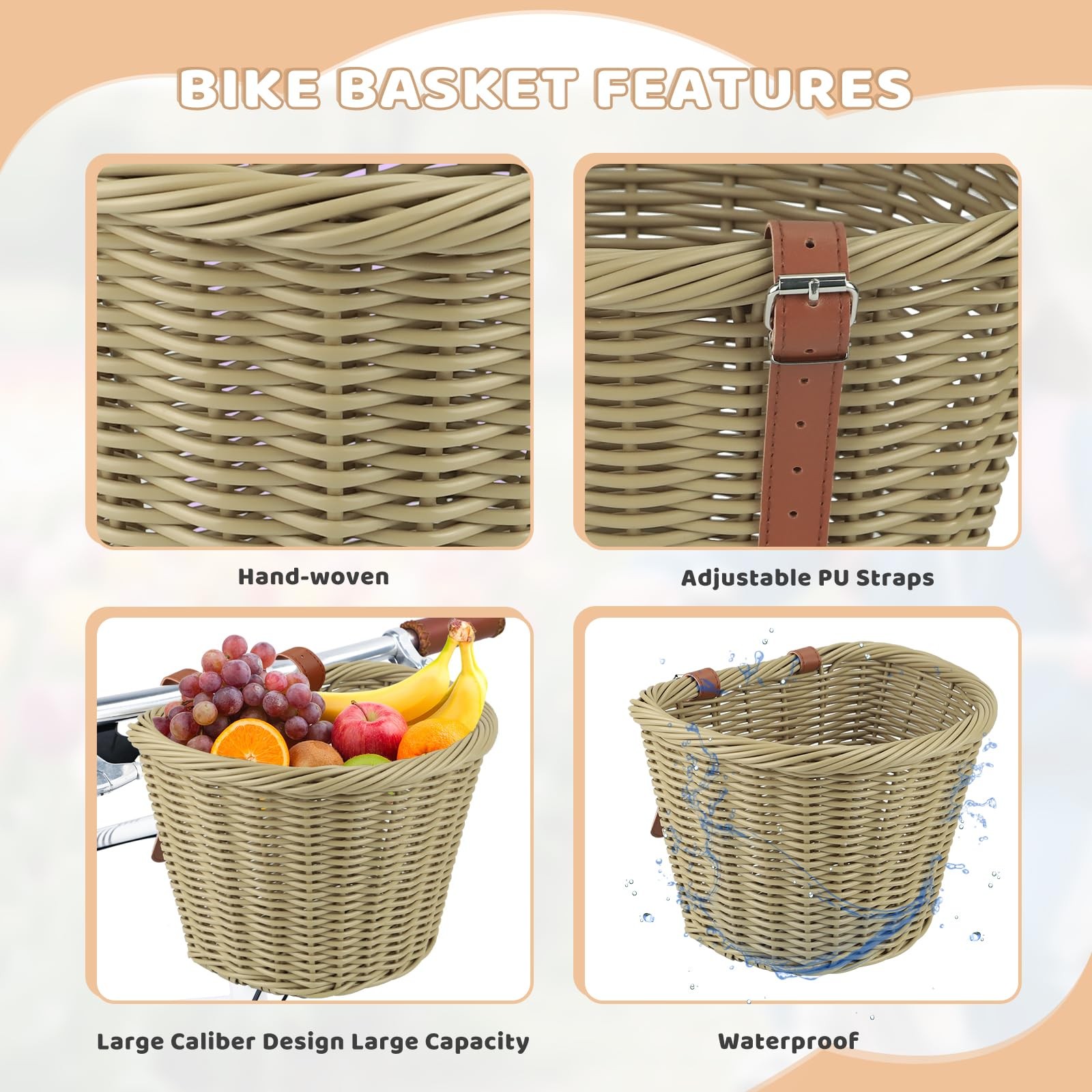 MEGHNA Woven Bike Basket Elegant Semicircle Large for Large, Beige
